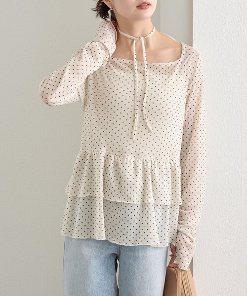 【レイヤードスタイルに◎】《IVO / レース / ラインストーン》ドットティアードプルオーバー（Tシャツ/カットソー）｜mystic（ミスティック）