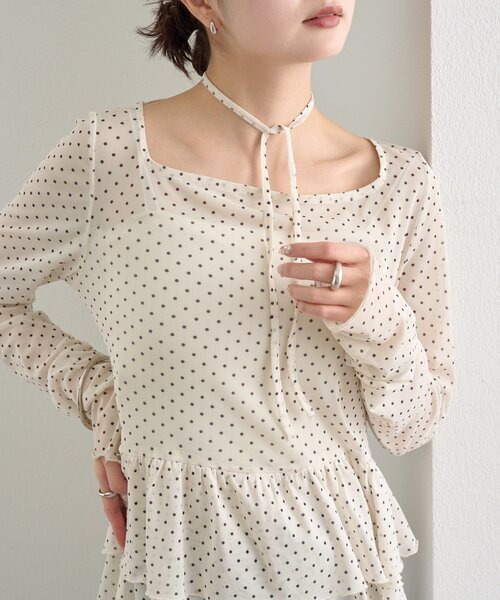 【レイヤードスタイルに◎】《IVO / レース / ラインストーン》ドットティアードプルオーバー（Tシャツ/カットソー）｜mystic（ミスティック）