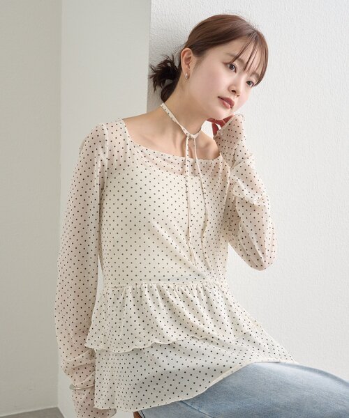 【レイヤードスタイルに◎】《IVO / レース / ラインストーン》ドットティアードプルオーバー（Tシャツ/カットソー）｜mystic（ミスティック）