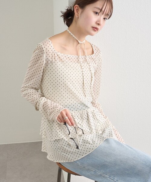 【レイヤードスタイルに◎】《IVO / レース / ラインストーン》ドットティアードプルオーバー（Tシャツ/カットソー）｜mystic（ミスティック）