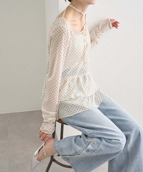 【レイヤードスタイルに◎】《IVO / レース / ラインストーン》ドットティアードプルオーバー（Tシャツ/カットソー）｜mystic（ミスティック）