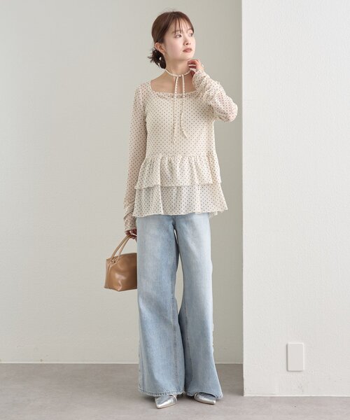 【レイヤードスタイルに◎】《IVO / レース / ラインストーン》ドットティアードプルオーバー（Tシャツ/カットソー）｜mystic（ミスティック）