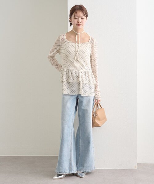 【レイヤードスタイルに◎】《IVO / レース / ラインストーン》ドットティアードプルオーバー（Tシャツ/カットソー）｜mystic（ミスティック）