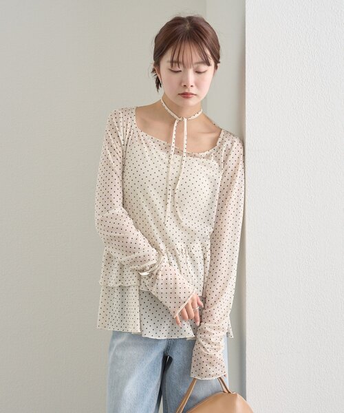 【レイヤードスタイルに◎】《IVO / レース / ラインストーン》ドットティアードプルオーバー（Tシャツ/カットソー）｜mystic（ミスティック）