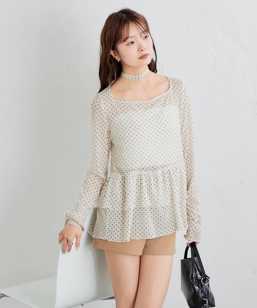 【レイヤードスタイルに◎】《IVO / レース / ラインストーン》ドットティアードプルオーバー（Tシャツ/カットソー）｜mystic（ミスティック）