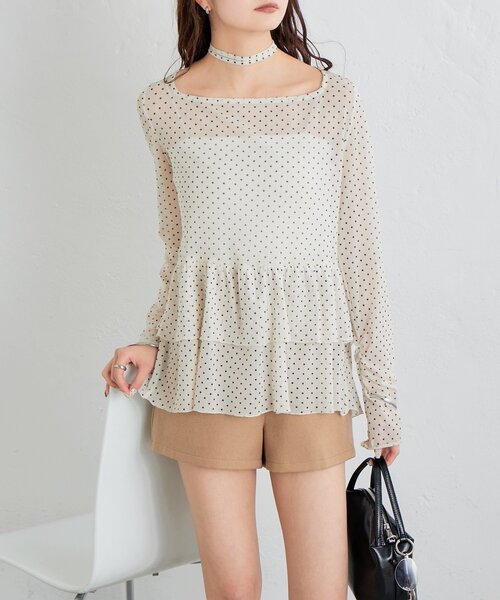 【レイヤードスタイルに◎】《IVO / レース / ラインストーン》ドットティアードプルオーバー（Tシャツ/カットソー）｜mystic（ミスティック）