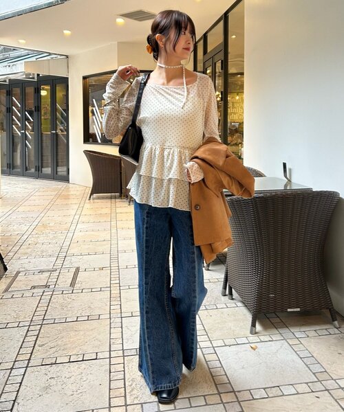 【レイヤードスタイルに◎】《IVO / レース / ラインストーン》ドットティアードプルオーバー（Tシャツ/カットソー）｜mystic（ミスティック）