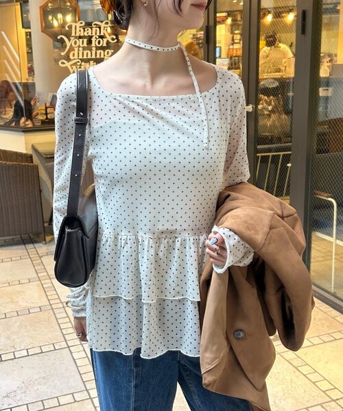 【レイヤードスタイルに◎】《IVO / レース / ラインストーン》ドットティアードプルオーバー（Tシャツ/カットソー）｜mystic（ミスティック）