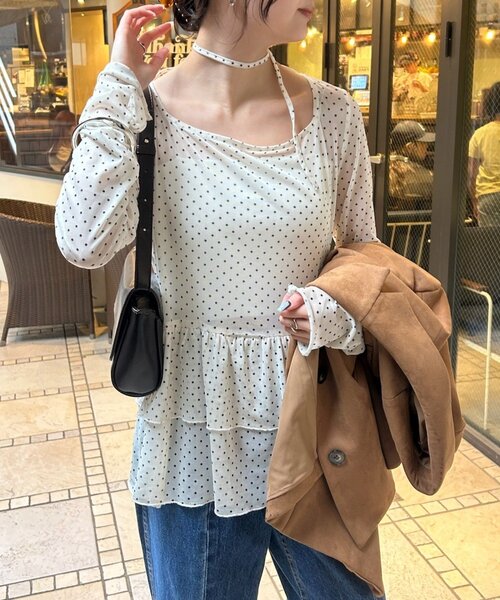 【レイヤードスタイルに◎】《IVO / レース / ラインストーン》ドットティアードプルオーバー（Tシャツ/カットソー）｜mystic（ミスティック）