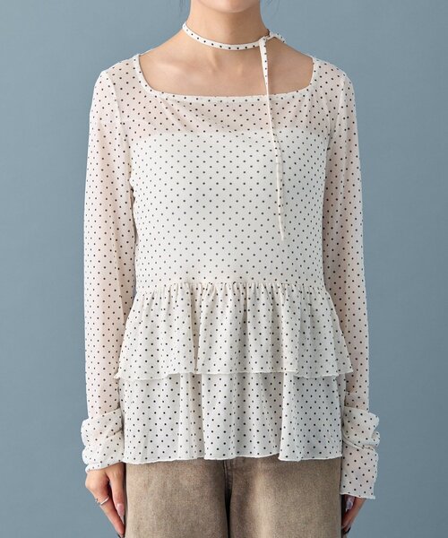 【レイヤードスタイルに◎】《IVO / レース / ラインストーン》ドットティアードプルオーバー（Tシャツ/カットソー）｜mystic（ミスティック）