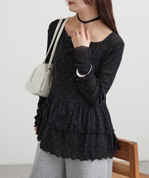 【レイヤードスタイルに◎】《IVO / レース / ラインストーン》ドットティアードプルオーバー（Tシャツ/カットソー）｜mystic（ミスティック）