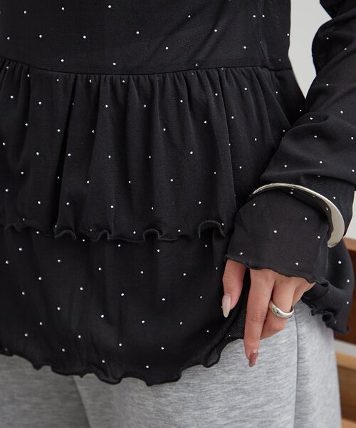 【レイヤードスタイルに◎】《IVO / レース / ラインストーン》ドットティアードプルオーバー（Tシャツ/カットソー）｜mystic（ミスティック）