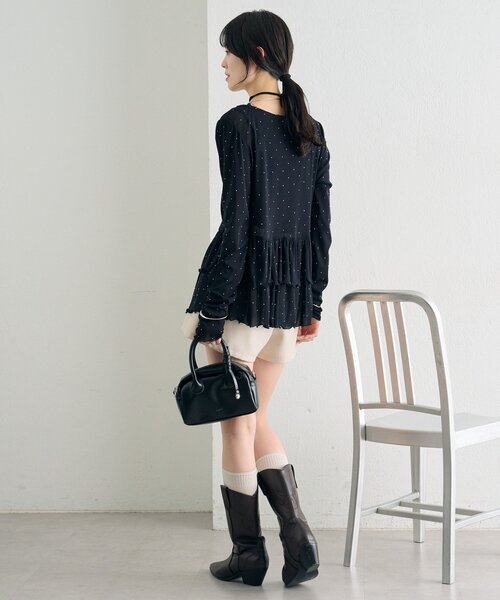 【レイヤードスタイルに◎】《IVO / レース / ラインストーン》ドットティアードプルオーバー（Tシャツ/カットソー）｜mystic（ミスティック）