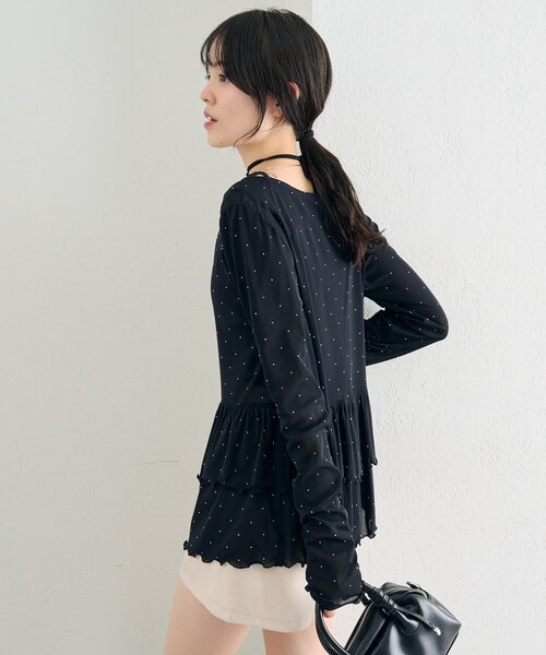 【レイヤードスタイルに◎】《IVO / レース / ラインストーン》ドットティアードプルオーバー（Tシャツ/カットソー）｜mystic（ミスティック）