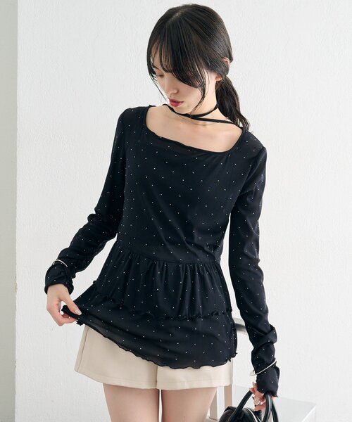 【レイヤードスタイルに◎】《IVO / レース / ラインストーン》ドットティアードプルオーバー（Tシャツ/カットソー）｜mystic（ミスティック）