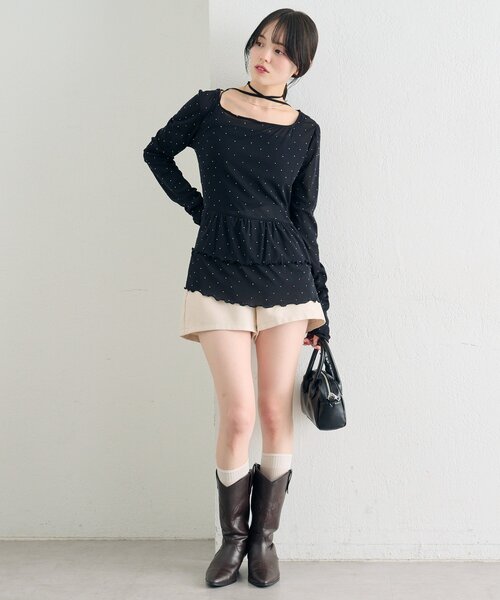 【レイヤードスタイルに◎】《IVO / レース / ラインストーン》ドットティアードプルオーバー（Tシャツ/カットソー）｜mystic（ミスティック）