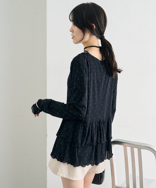 【レイヤードスタイルに◎】《IVO / レース / ラインストーン》ドットティアードプルオーバー（Tシャツ/カットソー）｜mystic（ミスティック）