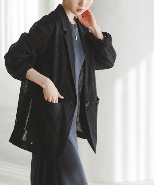 Noble（ノーブル）の「エアリーメッシュロングジャケット（テーラードジャケット・レディース・ブラック/ホワイト系その他・38/36）」の3枚目の写真