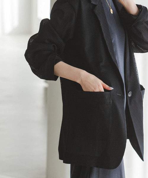 Noble（ノーブル）の「エアリーメッシュロングジャケット（テーラードジャケット・レディース・ブラック/ホワイト系その他・38/36）」の4枚目の写真