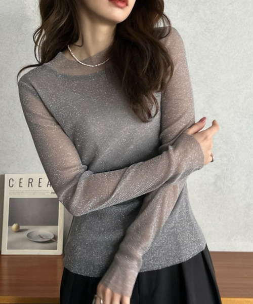 Eclat one(エクラワン)の「【Eclat one】ラメ シアー スリムフィット カットソー(Tシャツ/カットソー・レディース・アイボリー/ブラック/グレー・FREE)」の18枚目の写真