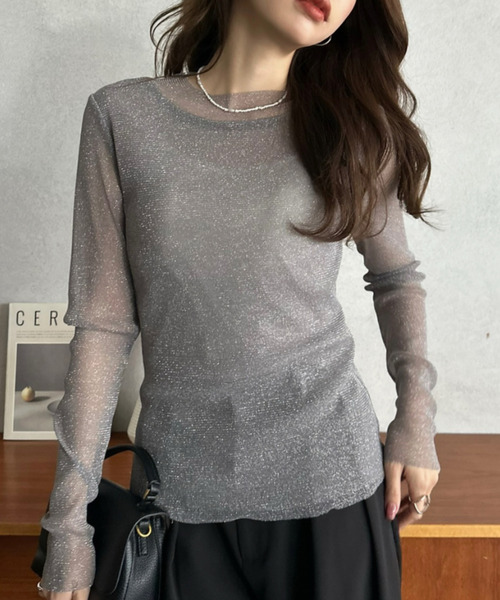 Eclat one(エクラワン)の「【Eclat one】ラメ シアー スリムフィット カットソー(Tシャツ/カットソー・レディース・アイボリー/ブラック/グレー・FREE)」の19枚目の写真