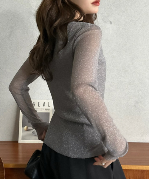 Eclat one(エクラワン)の「【Eclat one】ラメ シアー スリムフィット カットソー(Tシャツ/カットソー・レディース・アイボリー/ブラック/グレー・FREE)」の21枚目の写真