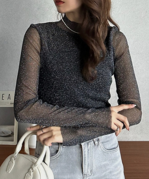 Eclat one(エクラワン)の「【Eclat one】ラメ シアー スリムフィット カットソー(Tシャツ/カットソー・レディース・アイボリー/ブラック/グレー・FREE)」の6枚目の写真