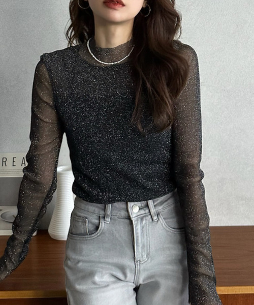 Eclat one(エクラワン)の「【Eclat one】ラメ シアー スリムフィット カットソー(Tシャツ/カットソー・レディース・アイボリー/ブラック/グレー・FREE)」の7枚目の写真
