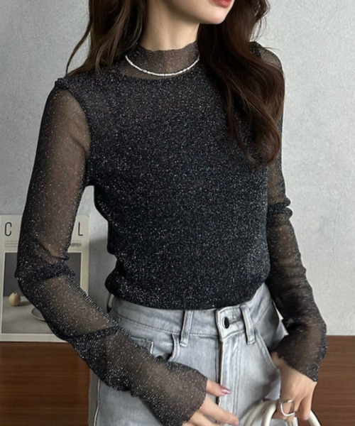 Eclat one(エクラワン)の「【Eclat one】ラメ シアー スリムフィット カットソー(Tシャツ/カットソー・レディース・アイボリー/ブラック/グレー・FREE)」の8枚目の写真