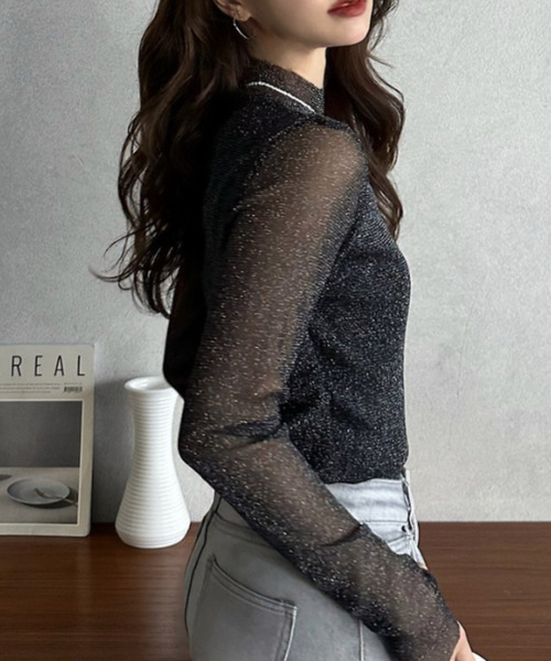 Eclat one(エクラワン)の「【Eclat one】ラメ シアー スリムフィット カットソー(Tシャツ/カットソー・レディース・アイボリー/ブラック/グレー・FREE)」の10枚目の写真