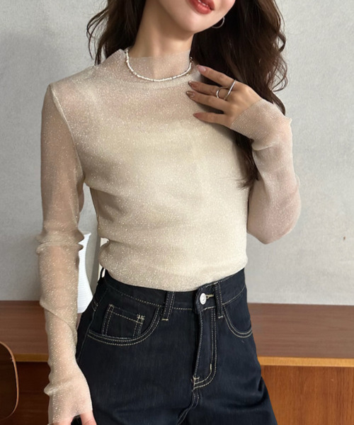 Eclat one(エクラワン)の「【Eclat one】ラメ シアー スリムフィット カットソー(Tシャツ/カットソー・レディース・アイボリー/ブラック/グレー・FREE)」の13枚目の写真