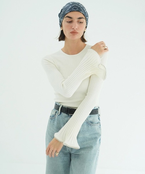 EMBELLISHED FRILL SLEEVE KNIT TOPS（ニット/セーター）｜CLANE