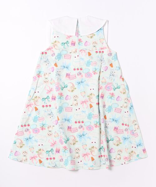 nino(ニノ)の「ミントストライプねこプリント リボン衿ワンピース(ワンピース・キッズ・ミント・140cm/130cm/150cm)」の2枚目の写真