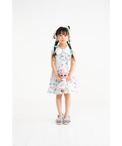 nino(ニノ)の「ミントストライプねこプリント リボン衿ワンピース(ワンピース・キッズ・ミント・140cm/130cm/150cm)」の3枚目の写真
