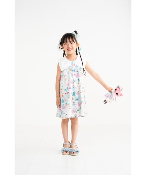 nino(ニノ)の「ミントストライプねこプリント リボン衿ワンピース(ワンピース・キッズ・ミント・140cm/130cm/150cm)」の7枚目の写真