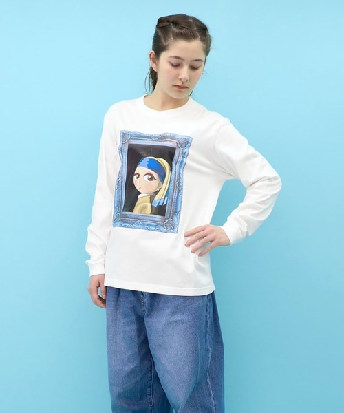 KawaeKayo(カワエカヨ)の「ロングスリーブTシャツ-真珠の耳飾りの少女(Tシャツ/カットソー・レディース・ホワイト・L/XL)」の4枚目の写真