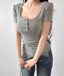 裾レースデザイン ヘンリーネックTシャツ