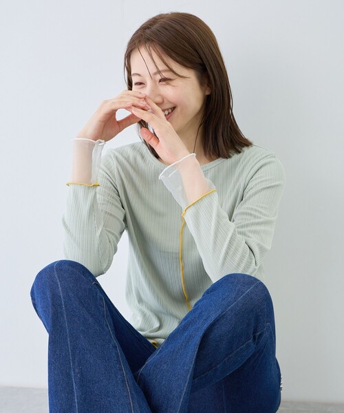 Jayro(ジャイロ)の「袖シアーメローカットソー(Tシャツ/カットソー・レディース・ホワイト系その他3/ライトグリーン/ピンク・FREE)」の3枚目の写真