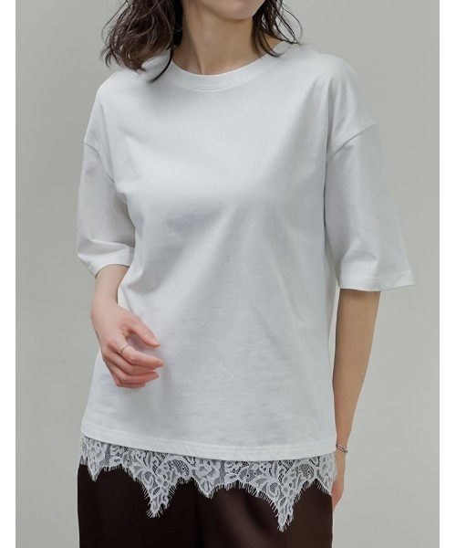 Re:EDIT(リエディ)の「裾レースレイヤード風半袖Tシャツ(Tシャツ/カットソー・レディース・ブラック/オフホワイト・FREE)」の9枚目の写真