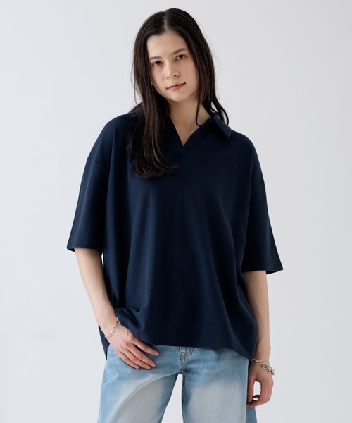 NULL(ヌル)の「【nl】【Unisex】鹿の子 スキッパーポロシャツ(ポロシャツ・メンズ・グレイッシュベージュ/ネイビー/アイボリー・MEDIUM/LARGE)」の3枚目の写真