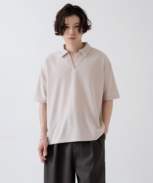 NULL(ヌル)の「【nl】【Unisex】鹿の子 スキッパーポロシャツ(ポロシャツ・メンズ・グレイッシュベージュ/ネイビー/アイボリー・MEDIUM/LARGE)」の2枚目の写真