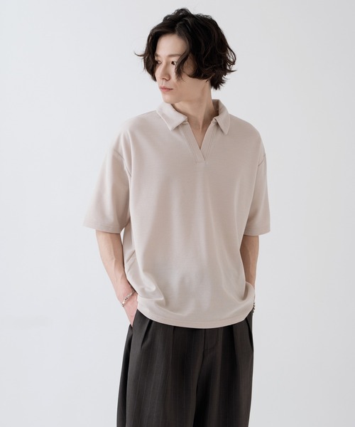 NULL(ヌル)の「【nl】【Unisex】鹿の子 スキッパーポロシャツ(ポロシャツ・メンズ・グレイッシュベージュ/ネイビー/アイボリー・MEDIUM/LARGE)」の12枚目の写真