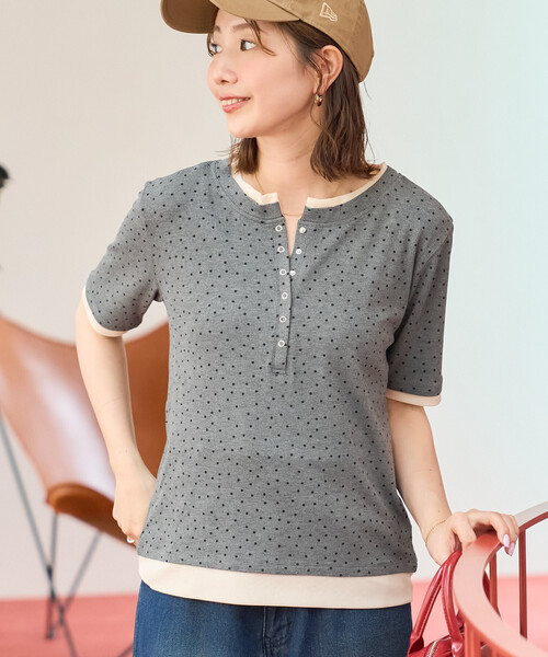 FREAK'S STORE(フリークスストア)の「限定展開 ドット柄 レイヤード風 ヘンリーネック プルオーバー(Tシャツ/カットソー・レディース・ブラック/グレー/ブラウン/ナチュラル・フリ-)」の13枚目の写真