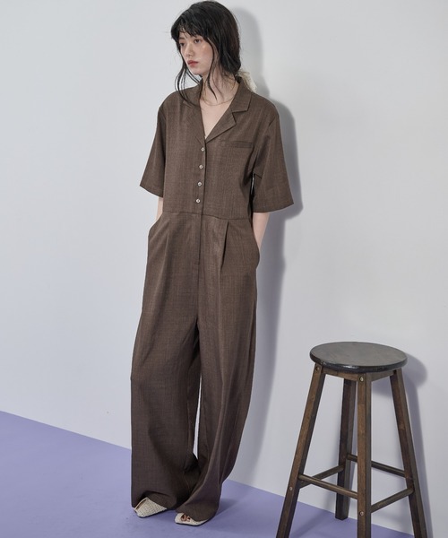 THE YOn(ザヨン)の「ハーフスリーブシャツオールインワン(サロペット/オーバーオール・レディース・ピンク/ブラウン/ブラック・M/S)」の1枚目の写真