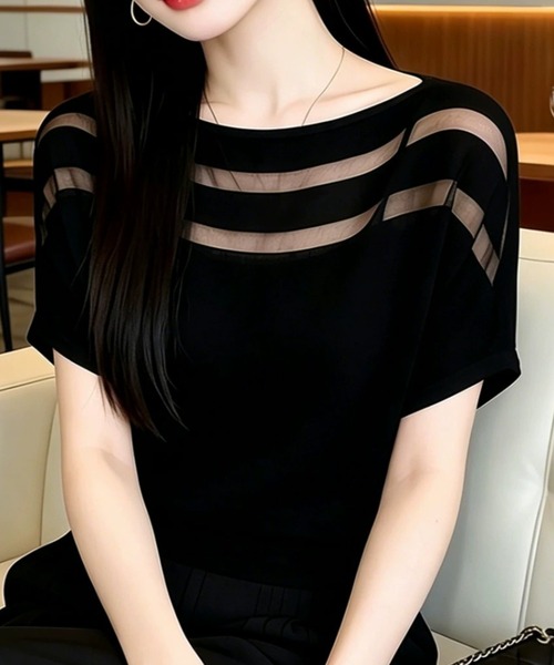 ノベルティ ブラック 半袖Tシャツ サマーニット サマーニット 半袖Tシャツ（Tシャツ/カットソー）｜AMAJI（アマジ）の
