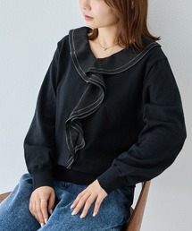 LAVEANGE（ラビアンジェ）の「フリルカラードッキングニットプルオーバー|異素材切替 配色ステッチ 大人フェミニン きれいめ（ニット/セーター）」