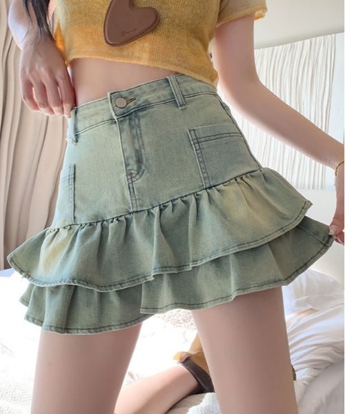 &soiree(アンドソワレ)の「ダブルフリルデニムミニスカート(デニムスカート・レディース・ブルー・LARGE/MEDIUM/SMALL/X-SMALL/X-LARGE)」の1枚目の写真