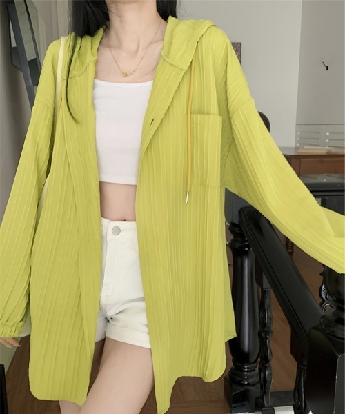 Miniministore(ミニミニストア)の「シワ加工パーカーシャツ 長袖カーディガン(カーディガン/ボレロ・レディース・クリーム/ブラック/イエロー×グリーン/ライトブルー/ピンク/ホワイト・FREE)」の5枚目の写真
