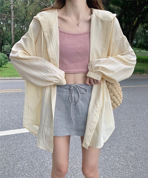 Miniministore(ミニミニストア)の「シワ加工パーカーシャツ 長袖カーディガン(カーディガン/ボレロ・レディース・クリーム/ブラック/イエロー×グリーン/ライトブルー/ピンク/ホワイト・FREE)」の17枚目の写真