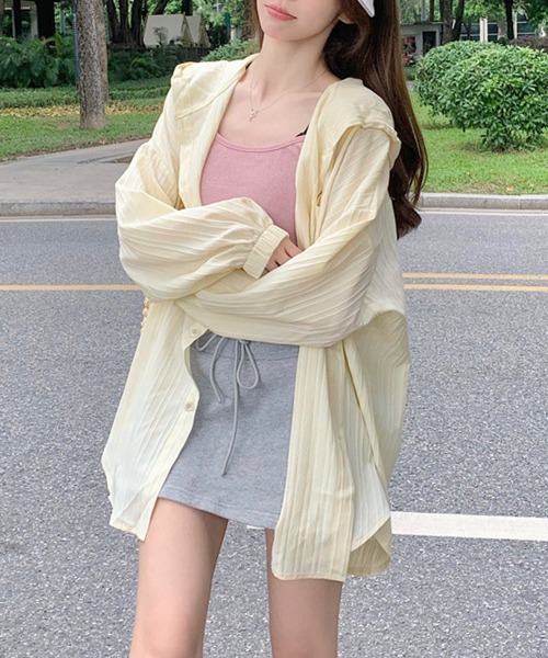 Miniministore(ミニミニストア)の「シワ加工パーカーシャツ 長袖カーディガン(カーディガン/ボレロ・レディース・クリーム/ブラック/イエロー×グリーン/ライトブルー/ピンク/ホワイト・FREE)」の18枚目の写真